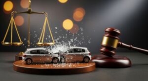 Two cars colliding with scales of justice and a gavel representing personal injury auto accident litigation